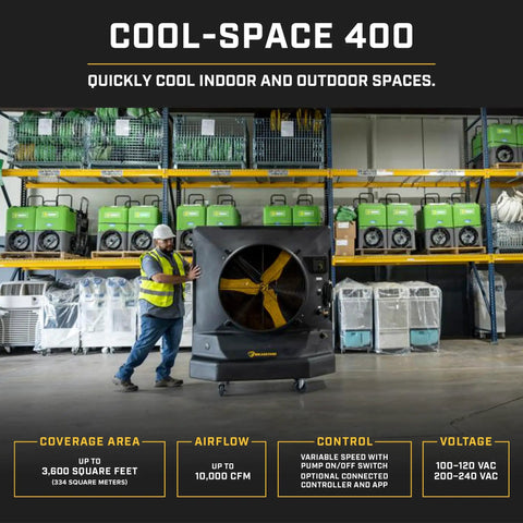 Heavy Duty Portable Swamp Cooler With Killer 36 Inch Fan And 46 Gallon Tank Straight Up Heatwave Buster in warehouse setting