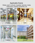 Illustration of various settings including factory, hotel, hospital hallway, and school, suggesting usage for cleaning tools organizer.