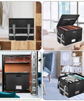 Collage of Fireproof File Box With Lock And Zipper Pockets used in various home office settings.