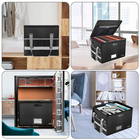 Collage of Fireproof File Box With Lock And Zipper Pockets used in various home office settings.