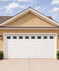Faux Mirror Garage Window Panels Kit, 32-Piece Magnetic Window Inserts on 2-Car Garage Doors, enhancing curb appeal with real window look.