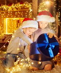 Children in Santa hats opening gift box with Battery Operated Globe String Lights 33ft With 100 LED Globes Remote Control 8 Modes And Timer