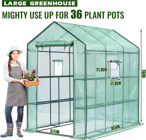 Walk In Backyard Greenhouse With Eight Shelves, Heavy Duty Portable Outdoor Greenhouse, Mesh Side Windows, Durable PE Cover, Protect Plants From Cold Rain Pests, Ideal For Indoor Outdoor Garden