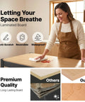 Woman cleaning waterproof laminated board demonstrating anti-scratch and reversible features with quality comparison images.