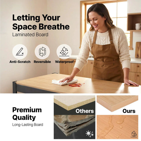 Woman cleaning waterproof laminated board demonstrating anti-scratch and reversible features with quality comparison images.