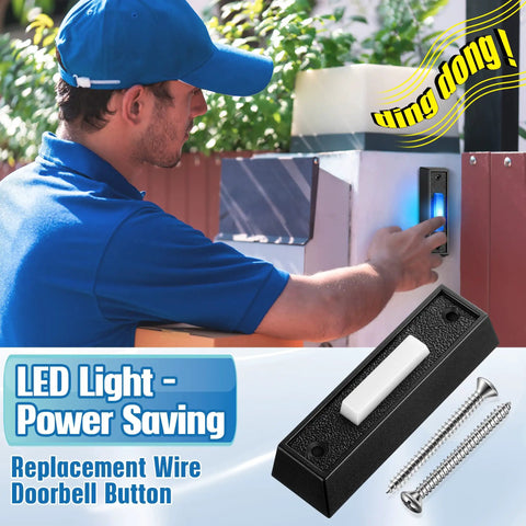 Lighted Doorbell Button for Wall Mount and Garage Door Switch With Blue LED No Fuss Install Works With Most Wired Door Chimes Transformers Ringers Buzzers Black Finish 1 Pack, shown being installed on an outdoor wall with included screws.
