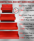 4 Piece Magnetic Tool Tray Set With Red Metal Trays And Strong Magnets For Van Workshop Storage And Garage Toolbox Organization Includes 12 10 8 And 6 Inch Trays For Small Parts And Tools, showing four red trays aligned vertically with size labels.
