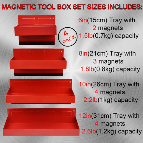 4 Piece Magnetic Tool Tray Set With Red Metal Trays And Strong Magnets For Van Workshop Storage And Garage Toolbox Organization Includes 12 10 8 And 6 Inch Trays For Small Parts And Tools, showing four red trays aligned vertically with size labels.