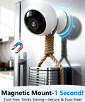 Magnetic Wireless Security Camera For Indoor And Outdoor Use With Install Free Setup 2K Wi Fi HD Night Vision Long Battery Life AI Motion Detection Weatherproof Build And Real Time Alerts mounted on a metal surface.