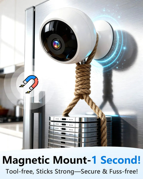Magnetic Wireless Security Camera For Indoor And Outdoor Use With Install Free Setup 2K Wi Fi HD Night Vision Long Battery Life AI Motion Detection Weatherproof Build And Real Time Alerts mounted on a metal surface.