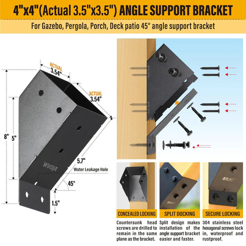Heavy Duty 4 Pack 45 Degree Angle Brackets For Pergolas Gazebos Decks And Porches 3.5 By 3.5 Inch Real Size 4x4 Frosted Black Outdoor Wood Support Brackets Kit For Cabins