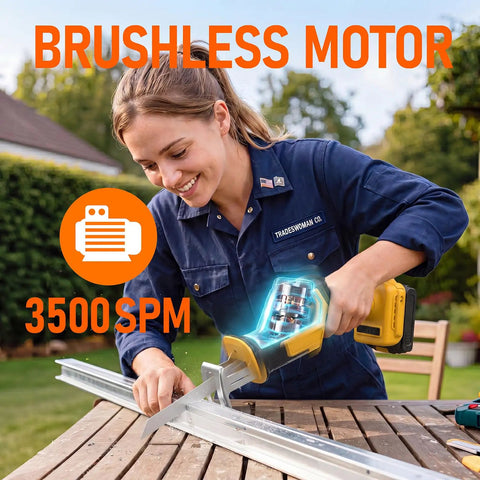 Person using Cordless Reciprocating Saw Tool Only, 20V Max Battery Compatible, Includes 4 Blades for Wood and Metal Cutting