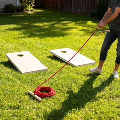 Cornhole Measuring Device 27ft With Silicone Tie And Bag For Regulation Ready Distance Setup And Fast And Accurate Board Alignment Lightweight Varnished Sticks And Low Stretch Rope For Pro Level Games used to align boards on grass