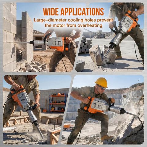 1700W Electric Jackhammer Concrete Breaker With 1900 BPM Demolition Power And Complete Three Piece Chisel Set Including Pointed And Wide Flat Bits For Heavy Duty Construction Tasks And Rocky Terrain Projects Badass Performance For Pros in action, breaking concrete and rock.