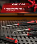 4 Piece Hook and Pick Set for O Ring, Seal and Gasket Removal with Slim Tips and Non Slip Grips for Tight Automotive Spaces An Essential Tool for Automotive Enthusiasts and DIYers Who Need to Grab Hard to Reach O Rings and Seals, four tools on metal surface