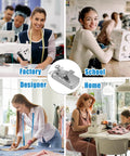 Collage showing diverse use of Magnetic Seam Guide For Sewing Machine With Adjustable Presser Foot Clip in factory, school, design, and home
