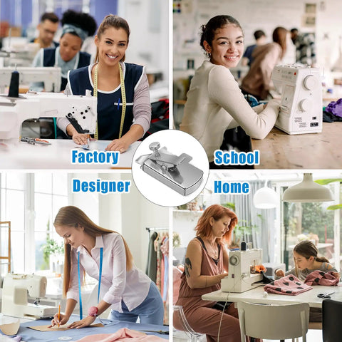 Collage showing diverse use of Magnetic Seam Guide For Sewing Machine With Adjustable Presser Foot Clip in factory, school, design, and home