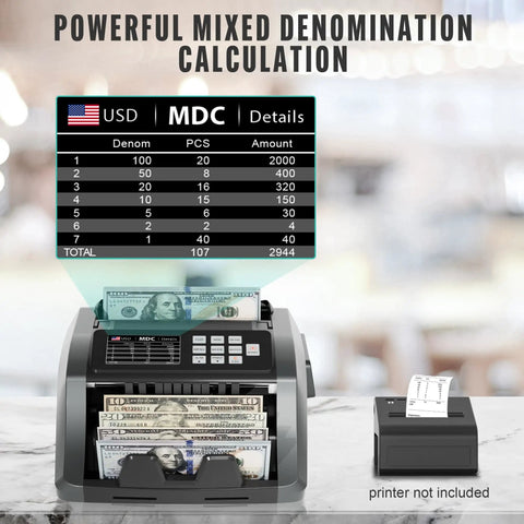 Cash Counting Machine With Bank Grade Counterfeit Detection UV MG IR DD, 3.5 Inch TFT Display, Printer Enabled Bill Counter