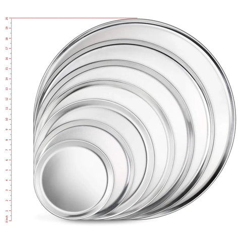 Assorted stack of Pro Grade Restaurant Aluminum Pizza Pan 14-Inch Coupe Style Baking Tray Pack Of 6 for commercial kitchens