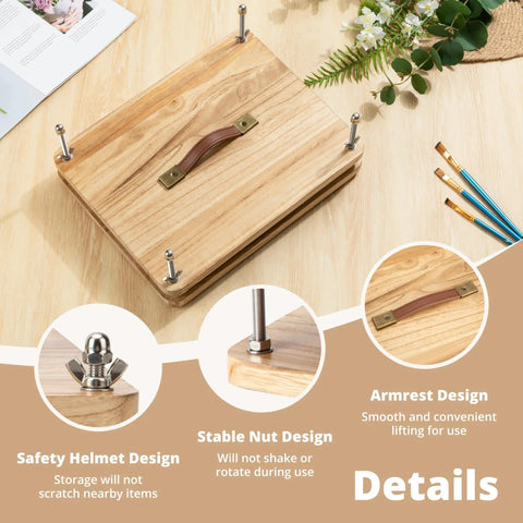 Wooden Book Press For Binding And Craft Projects Large 14.7 By 11.4 Inch Press with details on design features.