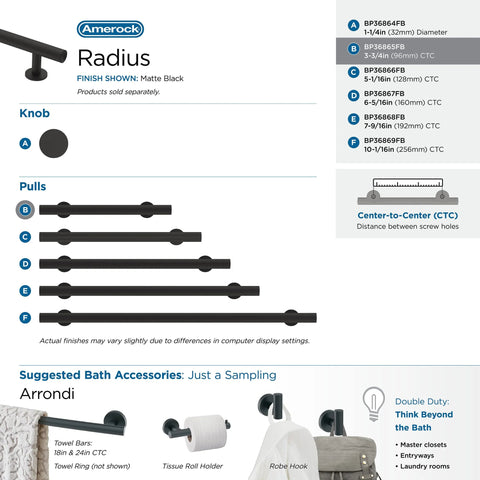 Product display of Matte Black Radius Cabinet Pull For Cabinets And Drawers In Contemporary Modern Style with measurement guide.