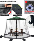 Black Patio Umbrella Mosquito Net With Double Zipper Door And Durable Polyester Mesh Screen Universal Fit For Outdoor Umbrellas Weighted Bottom Design With Sand Pockets For Wind Stability Keeps Bugs Out While You Lounge 7.5 To 11 Feet, showing weighted sand pockets and mesh screen.