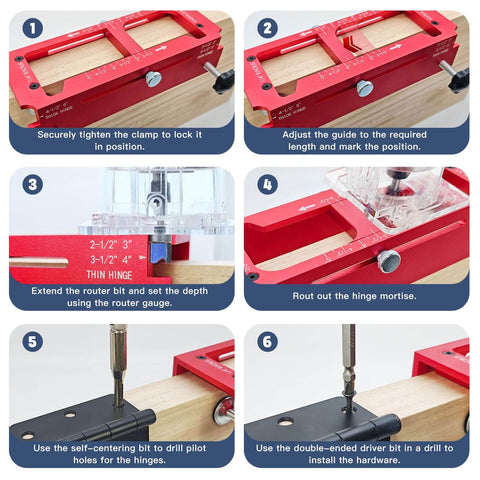 Step-by-step use of Pro Grade Heavy Duty Aluminum Door Hinge Router Jig with scale adjustable mortise template for hinges.