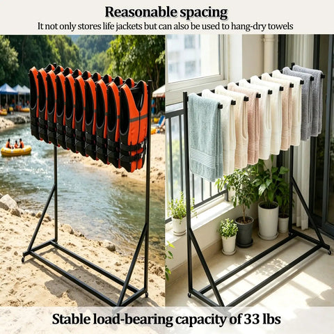 Heavy Duty Two Tier Pool Drying Rack With Swivel Casters For Easy Mobility holding life jackets and towels, sturdy iron construction.