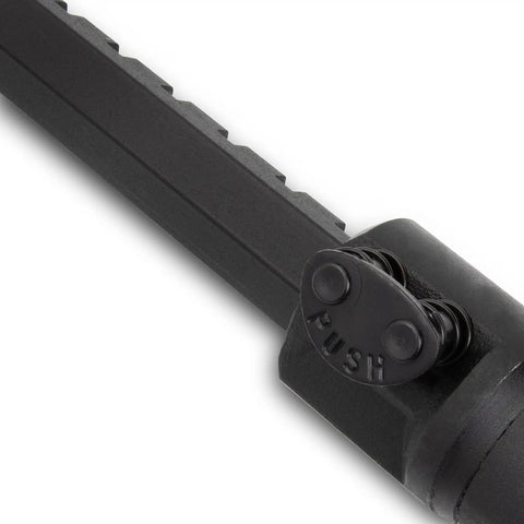Close-up of extendable pry bar with push button, part of 29 To 48 Inch Extendable Pry Bar With 180 Degree Rotating Head Featuring 14 Locking Positions.