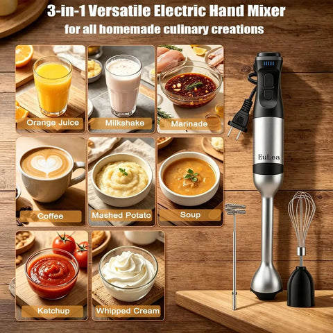 Badass 1200W Immersion Blender With Five Adjustable Speed Settings And Rock Solid Build Quality For Silky Smooth Purees Chunky Salsas And Serious Kitchen Hustle with milkshake and coffee images.