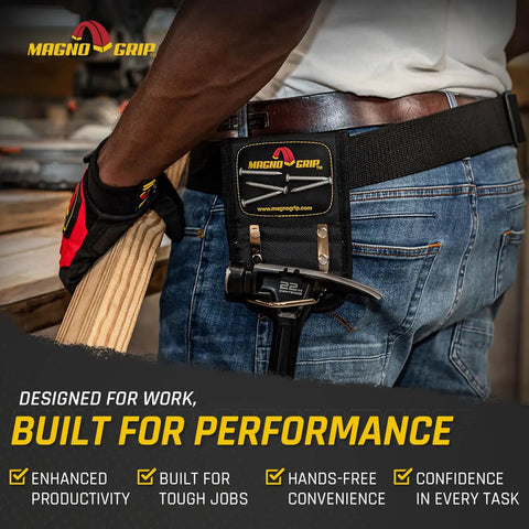 Person wearing Go-To Hammer Holster With Magnetic Storage For On Belt Quick Access, Durable 1680D Ballistic Polyester, with hammer