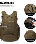 25L Tactical Backpack With MOLLE System Rugged Daypack, khaki colored details showing MOLLE strap, hydration tube outlet, and webbing.