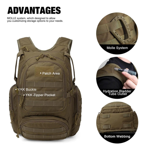 25L Tactical Backpack With MOLLE System Rugged Daypack, khaki colored details showing MOLLE strap, hydration tube outlet, and webbing.