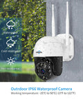 5x Optical Zoom Outdoor Security Cam With 2K Resolution Pan Tilt Zoom Floodlights Full Color Night Vision Two Way Audio IP66 Weatherproof Motion Detection Wireless WiFi Surveillance System mounted on wall showing rain resistance