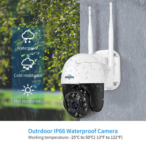 5x Optical Zoom Outdoor Security Cam With 2K Resolution Pan Tilt Zoom Floodlights Full Color Night Vision Two Way Audio IP66 Weatherproof Motion Detection Wireless WiFi Surveillance System mounted on wall showing rain resistance