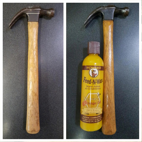 Hammer alongside Beeswax Wood Polish and Conditioner with Orange Oil for Furniture Feed-N-Wax, 128 Fl Oz bottle.