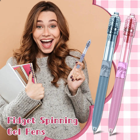 Excited woman holding 12 Pack Fidget Spinner Pens For Adults With Black Gel Ink, Stress Relief Spinner Ball product
