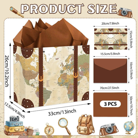 13 Inch Large Vintage Map Suitcase Gift Bag Set With Brown Tissue Paper Envelope And World Map Card For Retirement Travel Farewell Gifts That Look Dope Wrapped In Cool Style So Your Packaging Turns Heads At Gatherings With This All In One Kit.