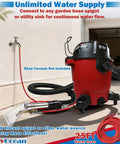 Red shop vacuum on wheels with hose connected, beside 25ft water hose, compatible with Universal Shop Vac Attachment Kit With 2-1/2 Inch, 1-7/8 Inch, And 1-1/4 Inch Adapters For Auto Detailing, Upholstery, And Carpet Cleaning, Compatible With All Brands, Easy Fit Hose Converter For Any Size Vacuum