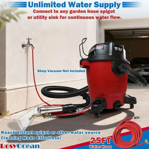 Red shop vacuum on wheels with hose connected, beside 25ft water hose, compatible with Universal Shop Vac Attachment Kit With 2-1/2 Inch, 1-7/8 Inch, And 1-1/4 Inch Adapters For Auto Detailing, Upholstery, And Carpet Cleaning, Compatible With All Brands, Easy Fit Hose Converter For Any Size Vacuum