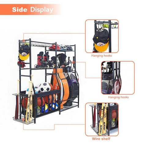 Garage Sports Gear Organizer With Ball Storage Rack And Golf Bag Stand For Indoor Outdoor Storage, ball holder with hooks