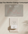 Smart Plug Mini 15A With Energy Monitor, WiFi 2.4GHz and Bluetooth, plugged into wall socket with energy graph above