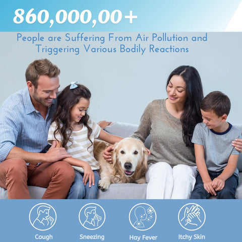 Family with dog on couch, text about air pollution effects, promoting 4 Pack Replacement HEPA Filter For Holmes AER1 Total Air Purifier HAPF30AT