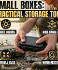Man holding small waterproof box for hiking and travel portable hard case with foam padding and tether loops by a lake.