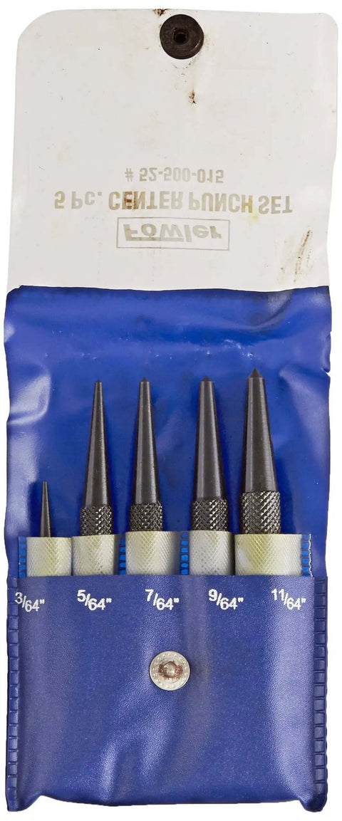 Center Punch 5 Piece Set for Metalworking, Pro Grade Chrome Alloy Steel With Hardened Ends, Black Nitrate Finish in blue pouch
