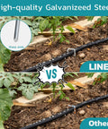6 Inch Landscape Staples 50 Pack Galvanized Garden Stakes for Lawn Sod Weed Barrier Fabric Soaker Hose and Outdoor Decor Rust Resistant Durable for Secure Landscaping Projects shown in garden installation.