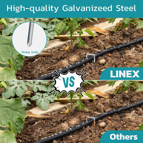 6 Inch Landscape Staples 50 Pack Galvanized Garden Stakes for Lawn Sod Weed Barrier Fabric Soaker Hose and Outdoor Decor Rust Resistant Durable for Secure Landscaping Projects shown in garden installation.