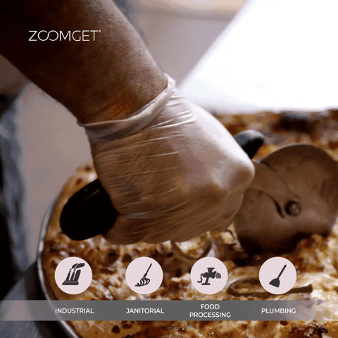 Hand using Top Shelf Clear Vinyl Disposable Gloves Straight Up Reliable 3 Mil Thickness to cut pizza in food processing.