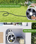 Person using Workhorse Retractable Garden Hose Reel with 60 Ft 1/2 Inch Hose and 10 Pattern Sprayer, compact and portable design.