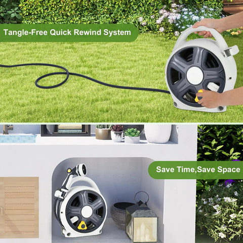 Person using Workhorse Retractable Garden Hose Reel with 60 Ft 1/2 Inch Hose and 10 Pattern Sprayer, compact and portable design.